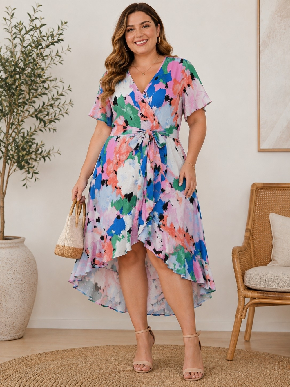 Ava & Viv Pink Blue Abstract Ikat Faux Wrap Midi Dress Plus Size 1X